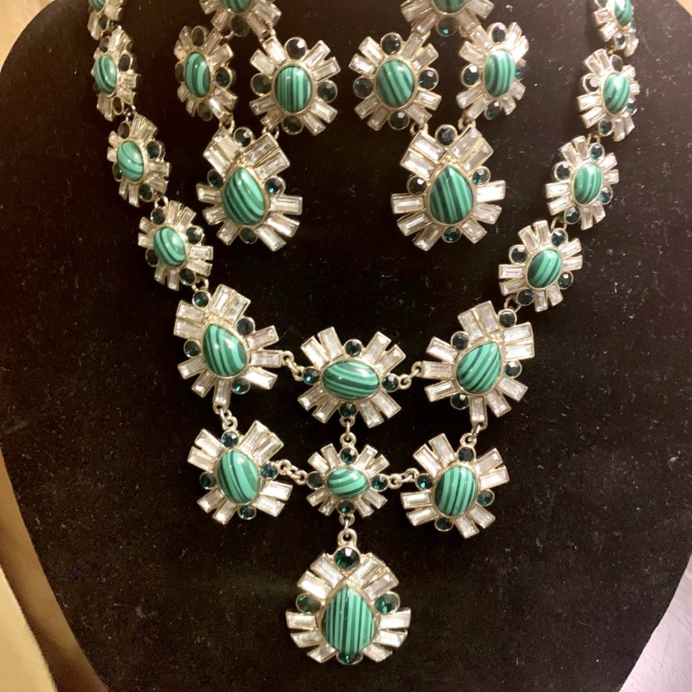 Green Jeweled Statement Necklace with Earrings